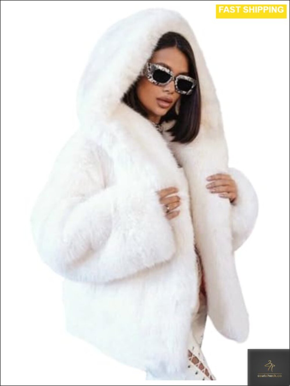 Women's Faux Fur Coat with Hood Warm Winter Jacket Cropped